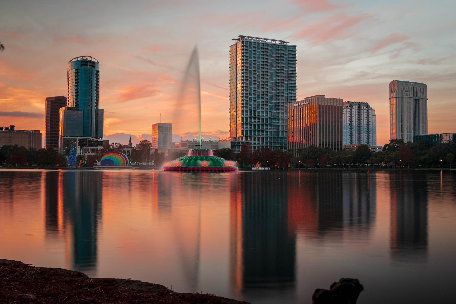 The Lake Eola fountain during sunset in Central Florida